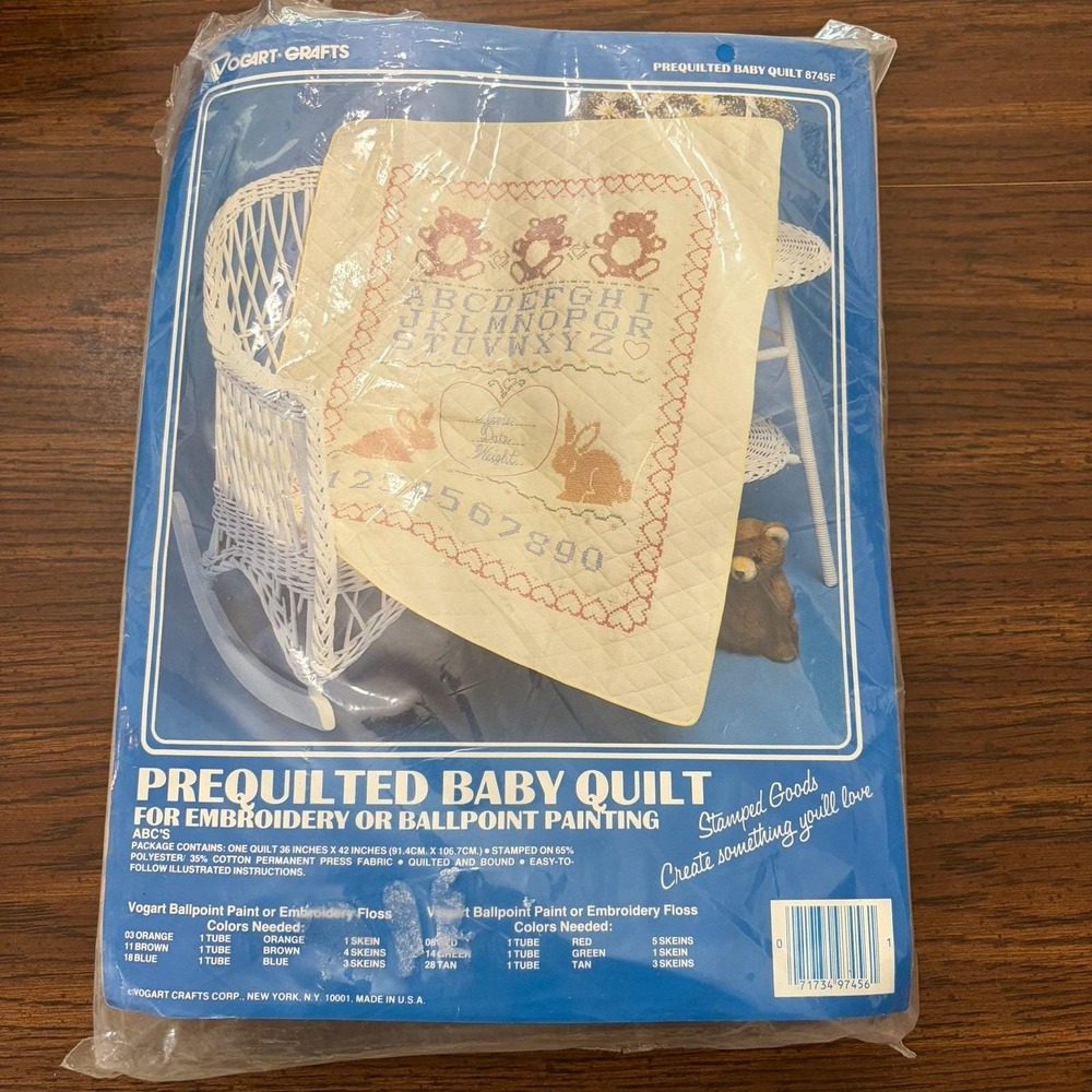 Vintage Vogart Pre quilted Baby Quilt Stamped Embroidery ABC Teddy Bear Bunny